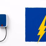 Suprematist abstract painting by Kazimir Malevich featuring a wall-mounted EV charging station with a coiled cable and a geometric lightning bolt. Minimalist composition of bold navy blue and vibrant yellow geometric shapes on a stark white background. Flat textures, sharp edges, avant-garde electrical concept. ##no humans##, ##no text##.