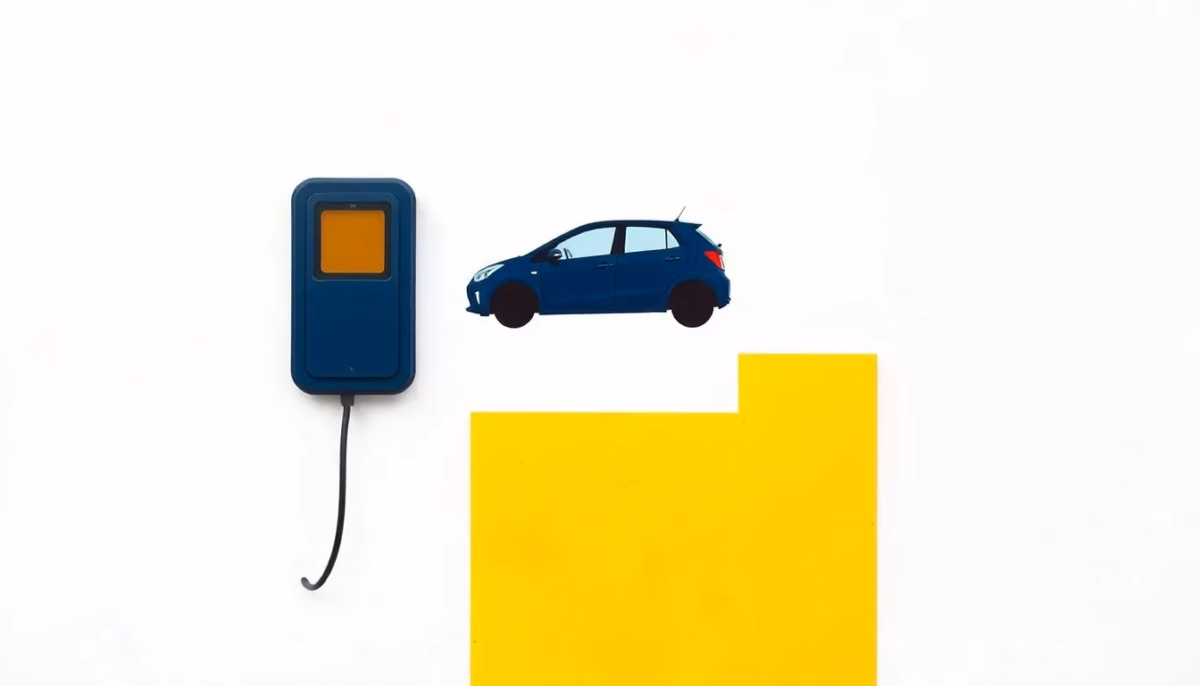 Suprematist abstract painting by Kazimir Malevich featuring a wall-mounted electric vehicle charging box with a coiled cable and the silhouette of a compact car. Minimalist composition of bold navy blue and vibrant yellow geometric shapes on a stark white background. Flat textures, sharp edges, avant-garde electrical concept. No humans, no text overlay.