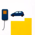 Suprematist abstract painting by Kazimir Malevich featuring a wall-mounted electric vehicle charging box with a coiled cable and the silhouette of a compact car. Minimalist composition of bold navy blue and vibrant yellow geometric shapes on a stark white background. Flat textures, sharp edges, avant-garde electrical concept. No humans, no text overlay.