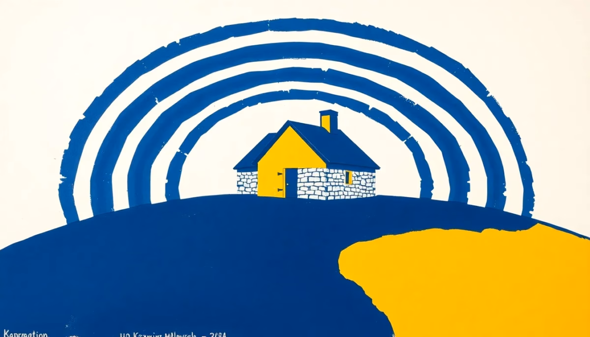 Suprematist abstract painting in the style of Kazimir Malevich featuring a rural stone cottage radiating concentric WiFi signal arcs. Minimalist composition of bold navy blue and vibrant yellow geometric shapes on a stark white background. Flat textures, sharp edges, avant-garde electrical concept. No humans, no text, no letters, no watermark, no overlay.